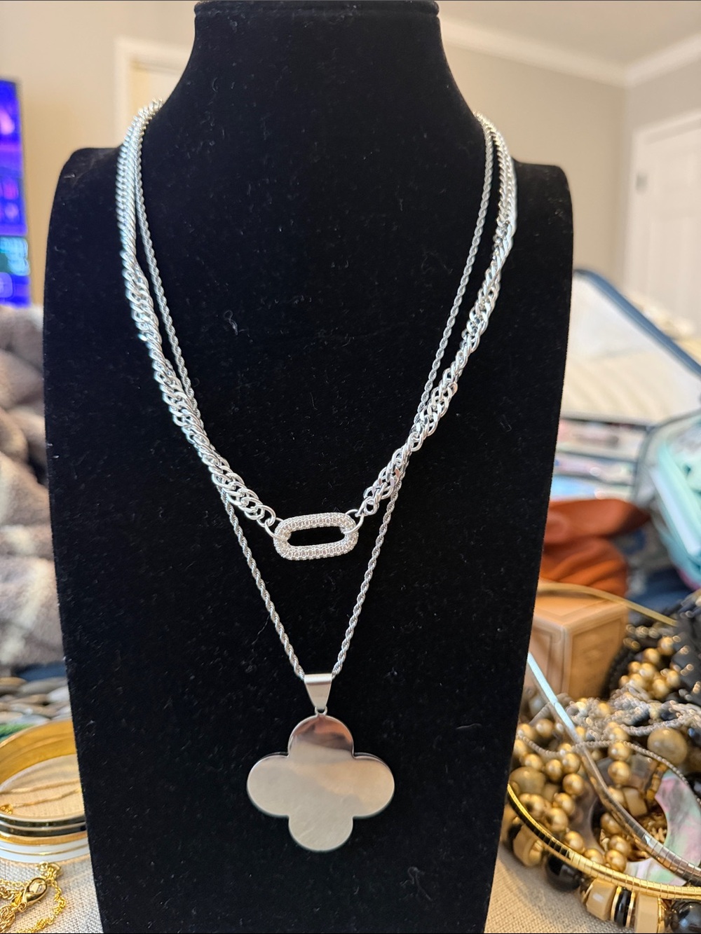 Silver Clover Pendant Layered Necklace - Women Jewelry